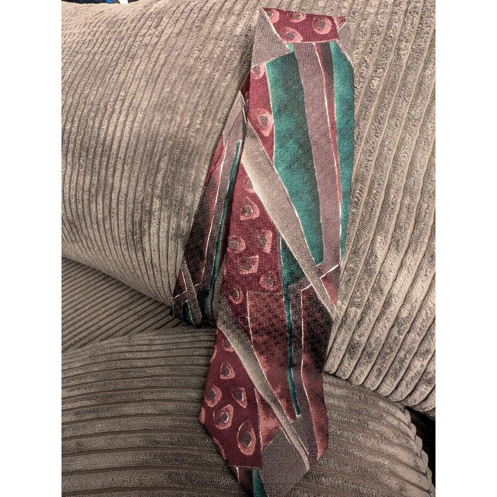 Burma Bibas Mens Silk Necktie Burgundy Teal Grey Abstract Geometric Vintage 90s